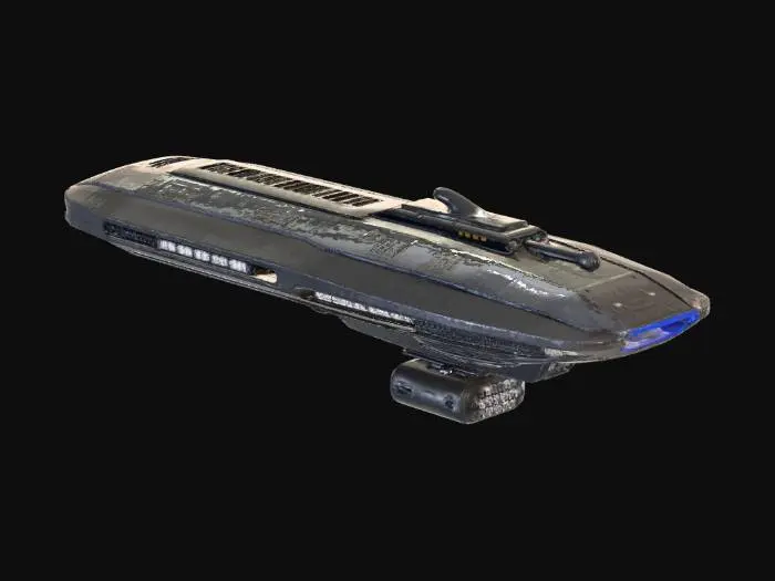 3D model for A huge long  highly detailed  spaceship like the USCSS Nostromo van alien movie with sparse lightened windows a dakv coating,and bright blue exhaust jet light