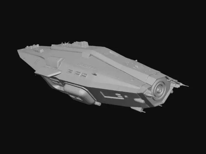 3D model for A highly detailed spaceship like the USCSS Nostromo van alien movie with sparse lightened windows a dark coating,and bright blue exhaust jet light