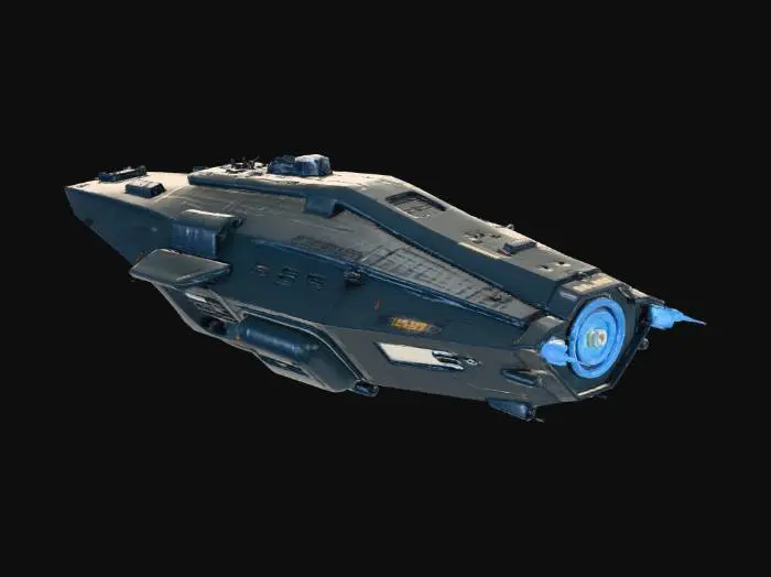 3D model for A highly detailed spaceship like the USCSS Nostromo van alien movie with sparse lightened windows a dark coating,and bright blue exhaust jet light