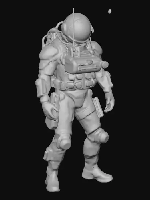 3D model for a futuristic astronaut in spacesuit,equiped with upgraded oxygen tanks and hand gloves covered with gizmos in a heavy walking pose