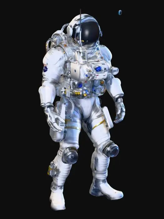 3D model for a futuristic astronaut in spacesuit,equiped with upgraded oxygen tanks and hand gloves covered with gizmos in a heavy walking pose