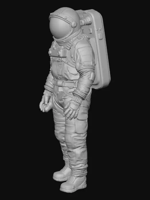 3D model for An abandoned heavy walking exausted colony astronaut. His spacesuit is a mix of old fabric and sandblasted aluminum, with large clumps of dirt and scorch marks on the surface. The helmet visor is covered with opaque cracks and mud. Requirement: Photorealistic, focus on the texture of fabric folds, the aging of the metal, and meticulous detail on damage and dirt accumulation.