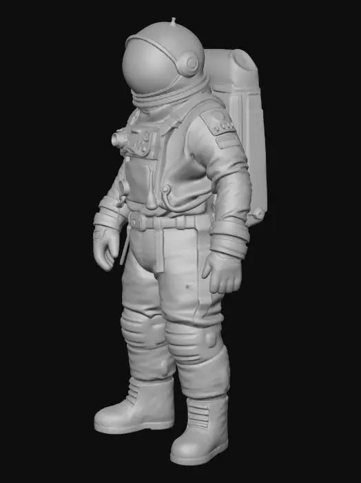 3D model for An abandoned heavy walking exausted colony astronaut. His spacesuit is a mix of old fabric and sandblasted aluminum, with large clumps of dirt and scorch marks on the surface. The helmet visor is covered with opaque cracks and mud. Requirement: Photorealistic, focus on the texture of fabric folds, the aging of the metal, and meticulous detail on damage and dirt accumulation.