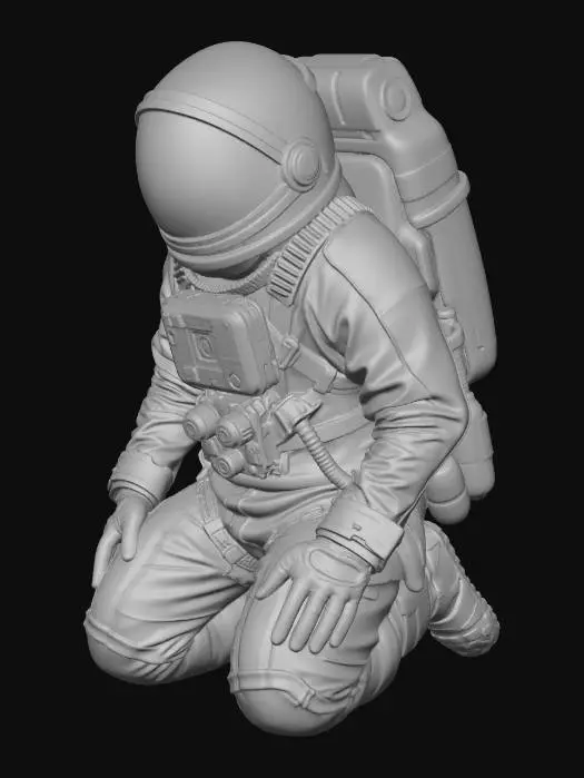3D model for A dying colony astronaut. with one knee on the ground pose. His spacesuit is a mix of old fabric and sandblasted aluminum, with large clumps of dirt and scorch marks on the surface. his right hand on is chest. The helmet visor is covered with opaque cracks and mud. Requirement: Photorealistic, focus on the texture of fabric folds, the aging of the metal, and meticulous detail on damage and dirt accumulation in 4k resolution.