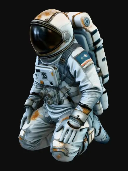 3D model for A dying colony astronaut. with one knee on the ground pose. His spacesuit is a mix of old fabric and sandblasted aluminum, with large clumps of dirt and scorch marks on the surface. his right hand on is chest. The helmet visor is covered with opaque cracks and mud. Requirement: Photorealistic, focus on the texture of fabric folds, the aging of the metal, and meticulous detail on damage and dirt accumulation in 4k resolution.