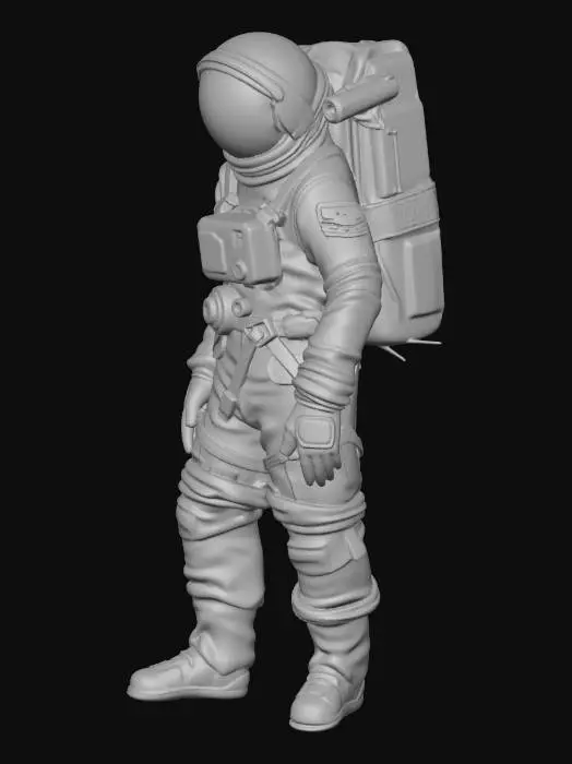 3D model for An heavy walking exausted colony astronaut. His spacesuit is a mix of old fabric and sandblasted aluminum, with large clumps of dirt and scorch marks on the surface. The helmet visor is covered with opaque cracks and mud. Requirement: Photorealistic, focus on the texture of fabric folds, the aging of the metal, and meticulous detail on damage and dirt accumulation in 4k resolution.