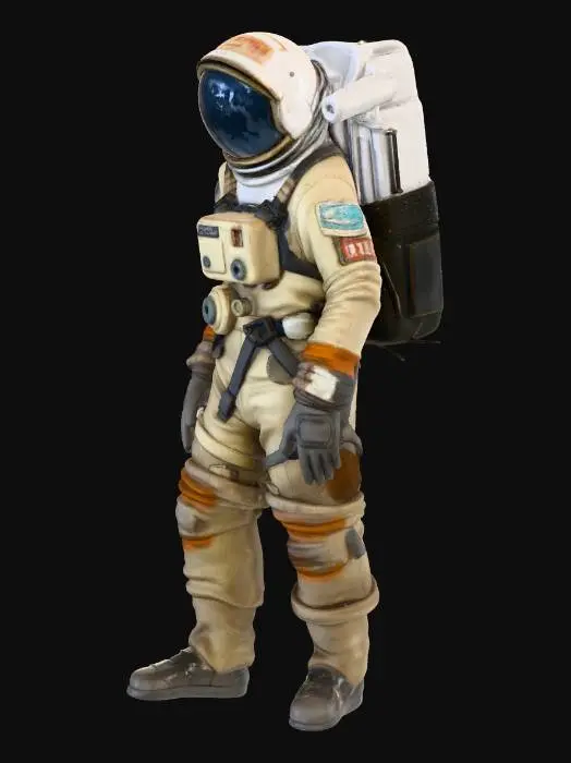3D model for An heavy walking exausted colony astronaut. His spacesuit is a mix of old fabric and sandblasted aluminum, with large clumps of dirt and scorch marks on the surface. The helmet visor is covered with opaque cracks and mud. Requirement: Photorealistic, focus on the texture of fabric folds, the aging of the metal, and meticulous detail on damage and dirt accumulation in 4k resolution.