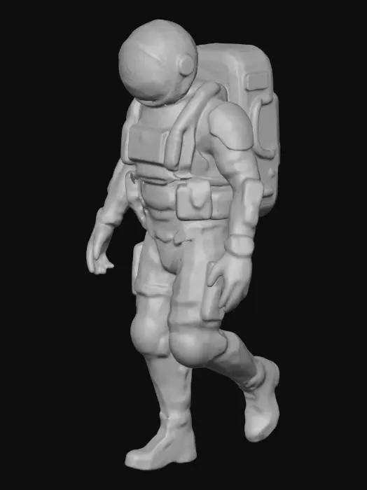 3D model for a futuristic astronaut in spacesuit,equiped with upgraded oxygen tanks and hand gloves covered with gizmos in a walking pose