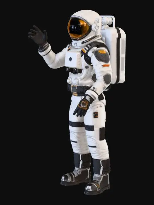 3D model for a futuristic astronaut in spacesuit,equiped with upgraded oxygen tanks and hand gloves covered with gizmos
