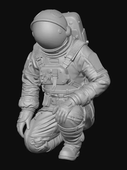 3D model for A dying colony astronaut. with one knee on the ground pose. His spacesuit is a mix of old fabric and sandblasted aluminum, with large clumps of dirt and scorch marks on the surface. his right hand on is chest. The helmet visor is covered with opaque cracks and mud. Requirement: Photorealistic, focus on the texture of fabric folds, the aging of the metal, and meticulous detail on damage and dirt accumulation in 4k resolution.