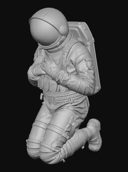 3D model for A dying colony astronaut. with one knee on the ground pose. His spacesuit is a mix of old fabric and sandblasted aluminum, with large clumps of dirt and scorch marks on the surface. his right hand on is chest. The helmet visor is covered with opaque cracks and mud. Requirement: Photorealistic, focus on the texture of fabric folds, the aging of the metal, and meticulous detail on damage and dirt accumulation in 4k resolution.