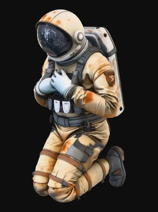 3D model for A dying colony astronaut. with one knee on the ground pose. His spacesuit is a mix of old fabric and sandblasted aluminum, with large clumps of dirt and scorch marks on the surface. his right hand on is chest. The helmet visor is covered with opaque cracks and mud. Requirement: Photorealistic, focus on the texture of fabric folds, the aging of the metal, and meticulous detail on damage and dirt accumulation in 4k resolution.