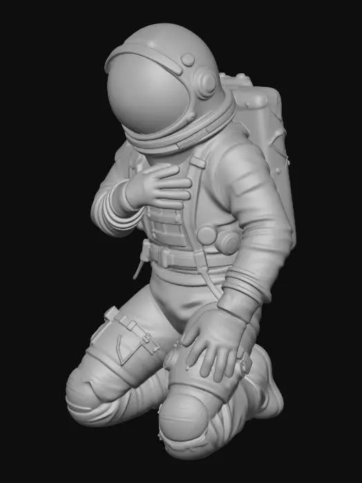 3D model for A dying colony astronaut. with one knee on the ground pose. His spacesuit is a mix of old fabric and sandblasted aluminum, with large clumps of dirt and scorch marks on the surface. his right hand on is chest. The helmet visor is covered with opaque cracks and mud. Requirement: Photorealistic, focus on the texture of fabric folds, the aging of the metal, and meticulous detail on damage and dirt accumulation in 4k resolution.