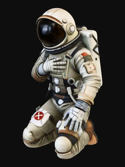 3D model for A dying colony astronaut. with one knee on the ground pose. His spacesuit is a mix of old fabric and sandblasted aluminum, with large clumps of dirt and scorch marks on the surface. his right hand on is chest. The helmet visor is covered with opaque cracks and mud. Requirement: Photorealistic, focus on the texture of fabric folds, the aging of the metal, and meticulous detail on damage and dirt accumulation in 4k resolution.