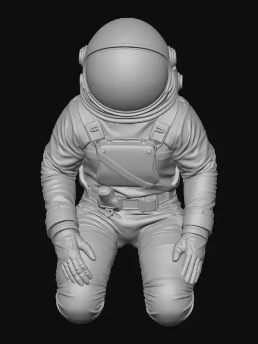 3D model for Desperate cosmonaut male is kneeling, raising his hands and looking up, His spacesuit is a mix of old fabric and sandblasted aluminum, with  clumps of dirt and scorch marks on the surface. The helmet slightly elongated angular golden visor is covered with opaque cracks and mud. Requirement: Photorealistic, focus on the texture of fabric folds, the aging of the metal, and meticulous detail on damage and dirt accumulation and gizmo light  in 4k resolution.