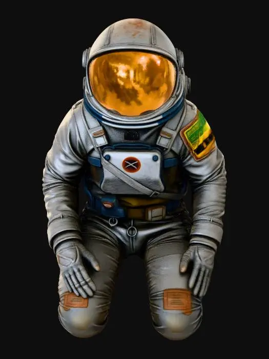 3D model for Desperate cosmonaut male is kneeling, raising his hands and looking up, His spacesuit is a mix of old fabric and sandblasted aluminum, with  clumps of dirt and scorch marks on the surface. The helmet slightly elongated angular golden visor is covered with opaque cracks and mud. Requirement: Photorealistic, focus on the texture of fabric folds, the aging of the metal, and meticulous detail on damage and dirt accumulation and gizmo light  in 4k resolution.