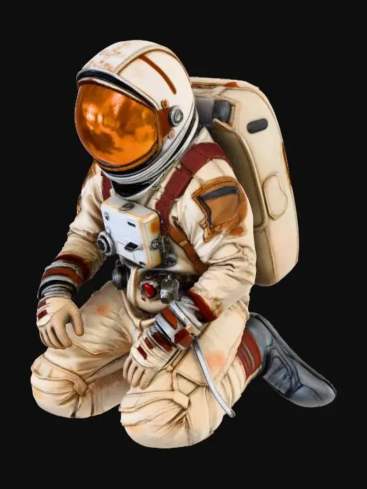3D model for Desperate cosmonaut male is kneeling, raising his hands and looking up, His spacesuit is a mix of old fabric and sandblasted aluminum, with  clumps of dirt and scorch marks on the surface. The helmet slightly elongated angular golden visor is covered with opaque cracks and mud. Requirement: Photorealistic, focus on the texture of fabric folds, the aging of the metal, and meticulous detail on damage and dirt accumulation and gizmo light  in 4k resolution.