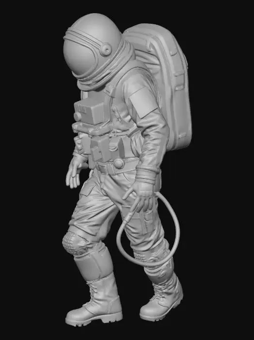 3D model for An heavy exausted colony astronaut. in a walking pose His spacesuit is a mix of old fabric and sandblasted aluminum, with large clumps of dirt and scorch marks on the surface. The helmet visor is covered with opaque cracks and mud. Requirement: Photorealistic, focus on the texture of fabric folds, the aging of the metal, and meticulous detail on damage and dirt accumulation in 4k resolution.
