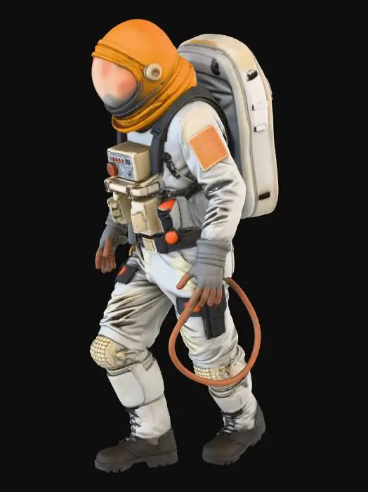 3D model for An heavy exausted colony astronaut. in a walking pose His spacesuit is a mix of old fabric and sandblasted aluminum, with large clumps of dirt and scorch marks on the surface. The helmet visor is covered with opaque cracks and mud. Requirement: Photorealistic, focus on the texture of fabric folds, the aging of the metal, and meticulous detail on damage and dirt accumulation in 4k resolution.