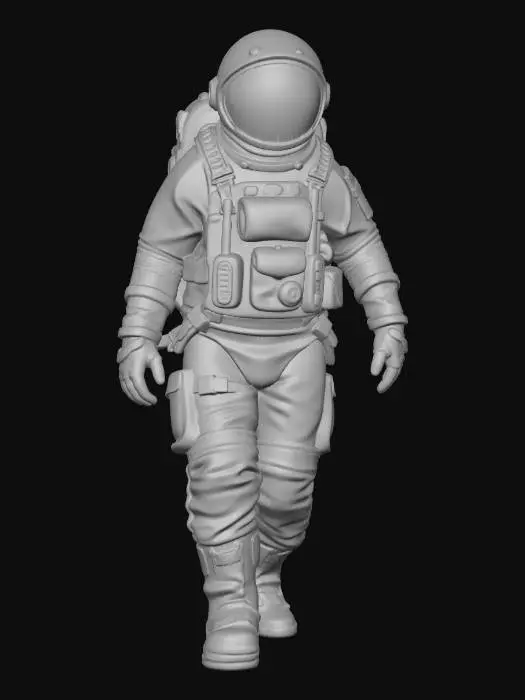 3D model for An heavy exausted colony astronaut. in a walking pose His spacesuit is a mix of old fabric and sandblasted aluminum, with large clumps of dirt and scorch marks on the surface. The helmet visor is covered with opaque cracks and mud. Requirement: Photorealistic, focus on the texture of fabric folds, the aging of the metal, and meticulous detail on damage and dirt accumulation in 4k resolution.