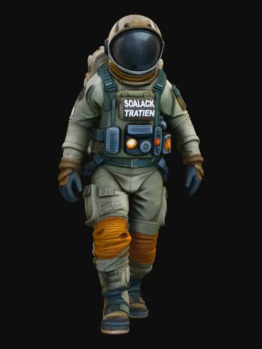 3D model for An heavy exausted colony astronaut. in a walking pose His spacesuit is a mix of old fabric and sandblasted aluminum, with large clumps of dirt and scorch marks on the surface. The helmet visor is covered with opaque cracks and mud. Requirement: Photorealistic, focus on the texture of fabric folds, the aging of the metal, and meticulous detail on damage and dirt accumulation in 4k resolution.