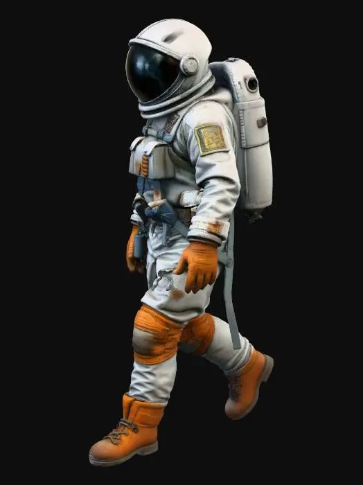 3D model for An heavy exausted colony astronaut. in a walking pose His spacesuit is a mix of old fabric and sandblasted aluminum, with large clumps of dirt and scorch marks on the surface. The helmet visor is covered with opaque cracks and mud. Requirement: Photorealistic, focus on the texture of fabric folds, the aging of the metal, and meticulous detail on damage and dirt accumulation in 4k resolution.