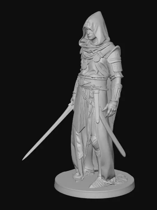3D model for A hooded fantasy warrior in cobalt blue robes and segmented armor stands heavy on the ground. The figure wears a black hood, blue tunic with gold trim, leather belts with pouches, striped sleeve cuffs, and chainmail leggings with sturdy boots. A slender dagger is gripped in the right hand, while a long sword is sheathed at the hip; a gold medallion hangs from the belt. Lighting from the left creates cold blue highlights on metal and long shadows, Textures: gleaming steel, weathered leather, heavy fabrics, and chainmail. Background is green  mask Composition: dynamic three-quarter view, full-body, cinematic fantasy concept art. Style: high-detail digital painting with painterly textures, epic fantasy mood.  All in 4 k resolution,
