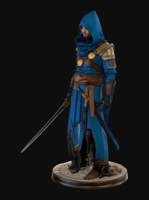 3D model for A hooded fantasy warrior in cobalt blue robes and segmented armor stands heavy on the ground. The figure wears a black hood, blue tunic with gold trim, leather belts with pouches, striped sleeve cuffs, and chainmail leggings with sturdy boots. A slender dagger is gripped in the right hand, while a long sword is sheathed at the hip; a gold medallion hangs from the belt. Lighting from the left creates cold blue highlights on metal and long shadows, Textures: gleaming steel, weathered leather, heavy fabrics, and chainmail. Background is green  mask Composition: dynamic three-quarter view, full-body, cinematic fantasy concept art. Style: high-detail digital painting with painterly textures, epic fantasy mood.  All in 4 k resolution,