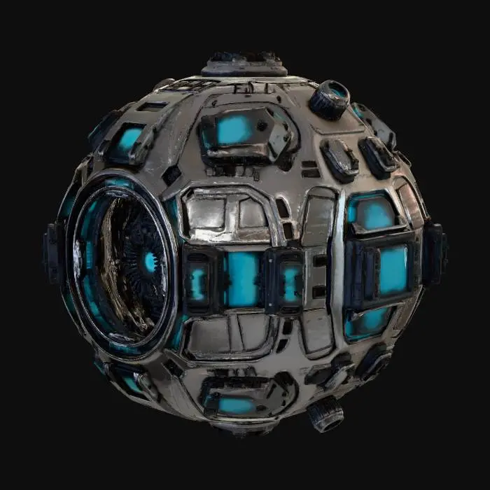 3D model for a highly detailed space station in a spheric form,with enlightned hatches open