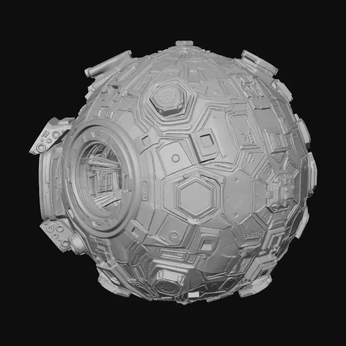 3D model for a highly detailed space station in a spheric form,with enlightned hatches open