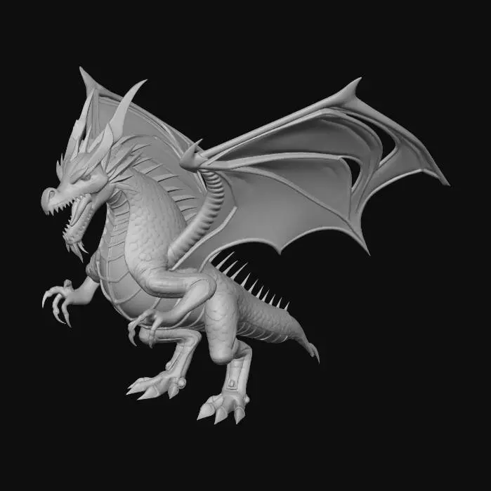 3D model for a steel scaly green and red plated dragon spiting fire with wing ready to deploy