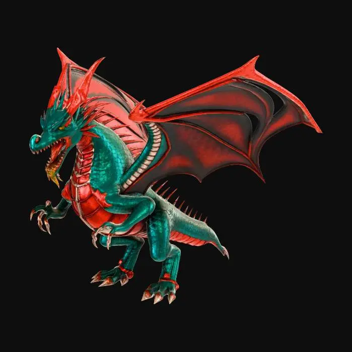 3D model for a steel scaly green and red plated dragon spiting fire with wing ready to deploy