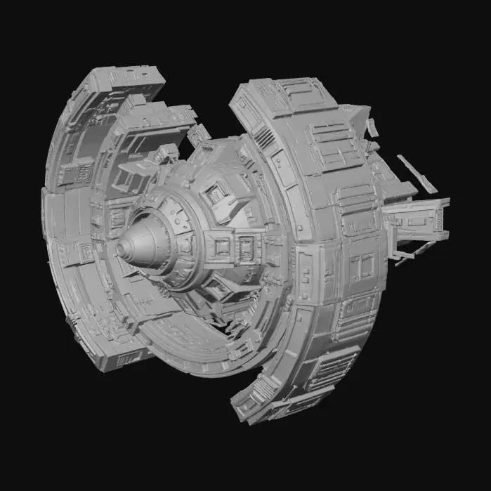 3D model for An orbital station featuring two perpendicular habitation rings and a central spherical core acting as a control center with numerous open hatches for arriving ships