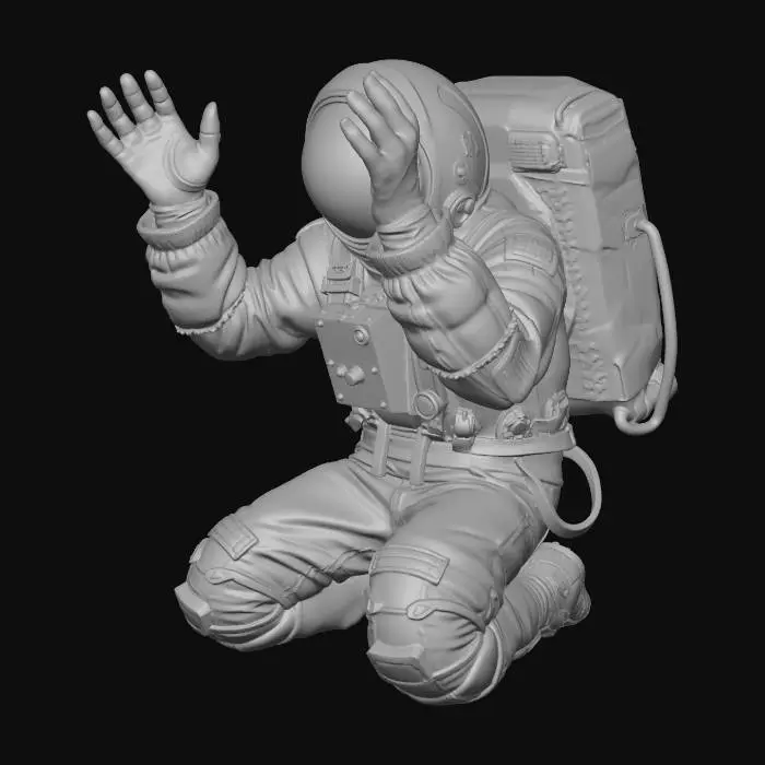 3D model for Desperate cosmonaut male is kneeling, raising his hands and looking up, His spacesuit is a mix of old fabric and sandblasted aluminum, with  clumps of dirt and scorch marks on the surface. The helmet slightly elongated angular golden visor is covered with opaque cracks and mud. Requirement: Photorealistic, focus on the texture of fabric folds, the aging of the metal, and meticulous detail on damage and dirt accumulation and gizmo light  in 4k resolution.