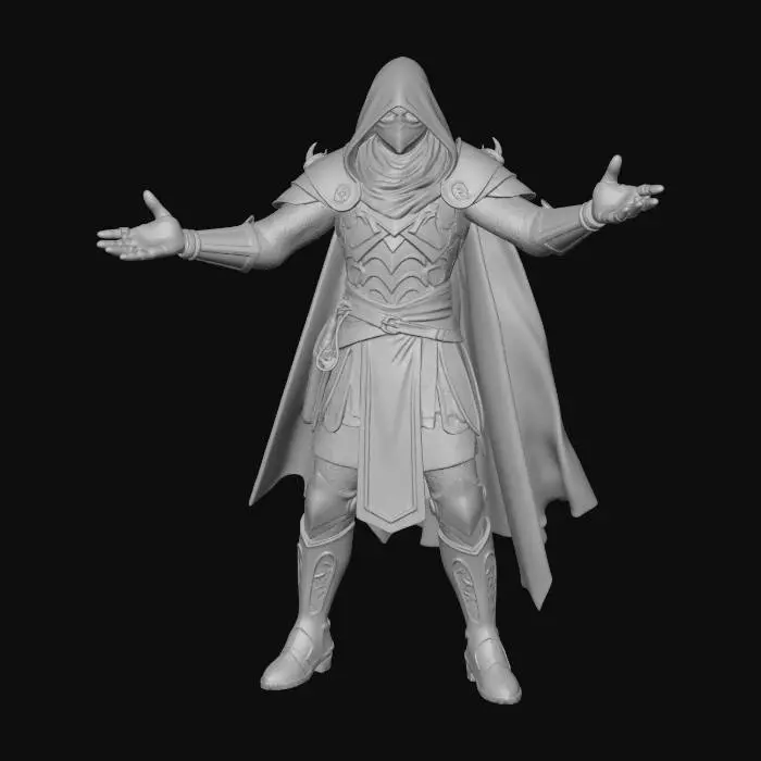 3D model for A hooded fantasy warrior in cobalt blue robes and segmented armor stands heavy on the ground. The figure wears a black hood, blue tunic with gold trim, leather belts with pouches, striped sleeve cuffs, and chainmail leggings with sturdy boots. A slender dagger is gripped in the right hand, while a long sword is sheathed at the hip; a gold medallion hangs from the belt. Lighting from the left creates cold blue highlights on metal and long shadows, Textures: gleaming steel, weathered leather, heavy fabrics, and chainmail. Background is green  mask Composition: T-pose 
Style: high-detail digital painting, epic fantasy mood.  All in 4 k resolution.