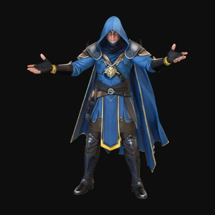 3D model for A hooded fantasy warrior in cobalt blue robes and segmented armor stands heavy on the ground. The figure wears a black hood, blue tunic with gold trim, leather belts with pouches, striped sleeve cuffs, and chainmail leggings with sturdy boots. A slender dagger is gripped in the right hand, while a long sword is sheathed at the hip; a gold medallion hangs from the belt. Lighting from the left creates cold blue highlights on metal and long shadows, Textures: gleaming steel, weathered leather, heavy fabrics, and chainmail. Background is green  mask Composition: T-pose 
Style: high-detail digital painting, epic fantasy mood.  All in 4 k resolution.