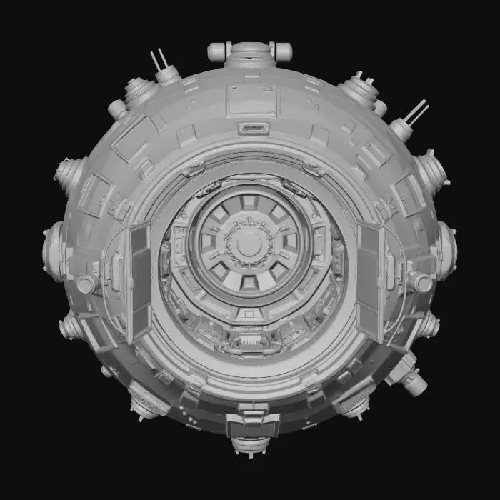 3D model for a highly detailed space station in a spheric form,with enlightned hatches open