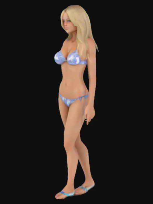 3D model for Create a women with a slim physique and hourglass body tipe. Give her blond hair, with blue eyes and white with a great tan. Give her a big tight ass with thick thighs and wide hips but make het physical fit with abs. Give her GG sized breasts and make her 1.6 meters tall. Make her wear a small bikini
