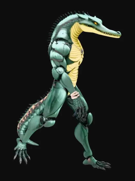 3D model for **3D Generative Design: Cybernetic Alligator Humanoid**

Bipedal, 2-2.5m, forward-leaning predator stance.

**Organic:** Elongated gator skull, ridged spine to tail, armored scales, muscular humanoid torso/limbs with reptilian texture, 4-finger claws, digitigrade legs, semi-prehensile tail.

**Cybernetic:** Exposed jaw hydraulics, metallic spine reinforcement, bionic glowing eye, articulated armor plating, cable bundles at joints, pneumatic leg actuators, metal tail segments.

**Style:** Seamless organic-tech fusion, asymmetric mods, weathered/battle-worn, bioluminescent accents, functional articulation, maintenance panel lines.