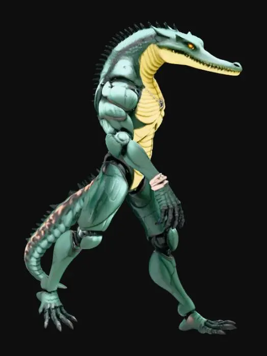 3D model for **3D Generative Design: Cybernetic Alligator Humanoid**

Bipedal, 2-2.5m, forward-leaning predator stance.

**Organic:** Elongated gator skull, ridged spine to tail, armored scales, muscular humanoid torso/limbs with reptilian texture, 4-finger claws, digitigrade legs, semi-prehensile tail.

**Cybernetic:** Exposed jaw hydraulics, metallic spine reinforcement, bionic glowing eye, articulated armor plating, cable bundles at joints, pneumatic leg actuators, metal tail segments.

**Style:** Seamless organic-tech fusion, asymmetric mods, weathered/battle-worn, bioluminescent accents, functional articulation, maintenance panel lines.
