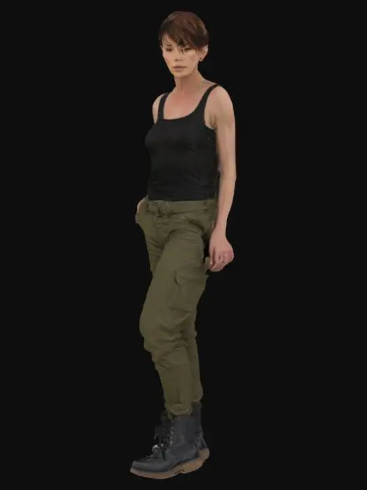 3D model for Rosia's Girl, Military Pants, Military Boots, black tank top, short hair, Have nothing, natural body, looking as lena kathren headey