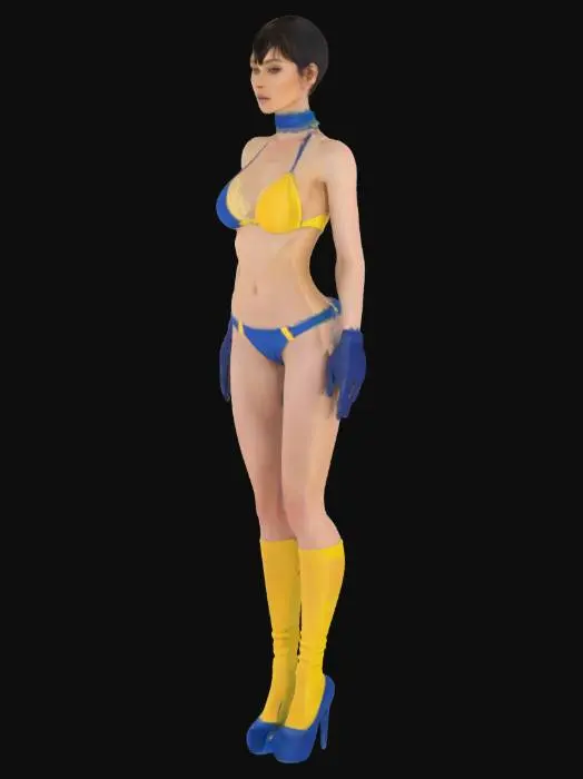 3D model for Turtleneck style bikini, yellow and blue line , female, Elegant, small breasts, fit and athletic body, short hai, Have nothing, Up to the elbow Lace Gloves, Platform high heel, Up to the knee yellow and blue line long leg warmers, natural body, Highly Detailed, Full Body, looking as Lena Headey