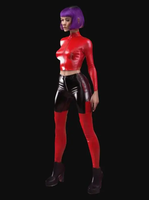 3D model for A stylized 3D female model with a slim, natural, androgynous body.
Her face has a **delicate jawline, high cheekbones, and expressive eyes**. She has a bright purple, super short haircut.

She wears a glossy red latex crop top with a deep V-cut, paired with shiny black leather mini shorts featuring a front zipper. Both hands are casually placed in her trouser pockets.
She has over-the-knee black boots with intricate crisscross stitching details and high platform heels.

The model has a smooth skin tone with reflective highlights, presenting a bold and sleek clubwear look.
Apply realistic PBR textures, designed for 8K resolution.

The model is 3D print-ready, watertight, with no overhangs, and features clean contrast and sharp textures for excellent 3D readability.
