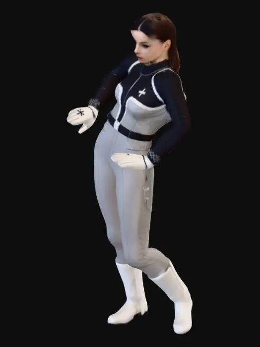 3D model for looking at viewer, Natural A pose, standing, full body, white background, solo, masterpiece, best quality, absurdres, very aesthetic, A realistic portrait of a woman in a retro-futuristic sci-fi uniform. She wears a light gray full-body jumpsuit with black chest and side panels, decorated with vertical black cross-stitch patterns along the arms and legs. The uniform has white trim on the shoulders, cuffs, and edges. Around her waist is a wide black belt with metallic studs. She wears white gloves on her hands, and on her feet are white, soft mid-calf boots. The overall look resembles a 1970s science fiction space officer uniform, sleek, serious, and slightly militaristic, photographed in realistic detail.