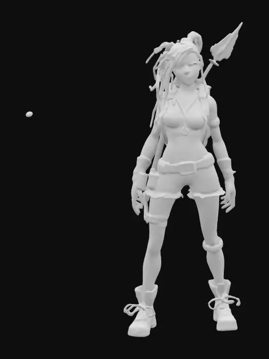 3D model for young, athletic, medium breasts, lightly tanned skin, dark red dyed shoulder length dreadlocks, green eyes, crop top, denim cutoff shorts, combat boots, bohemian style jewelry. has a jetpack and a spear.