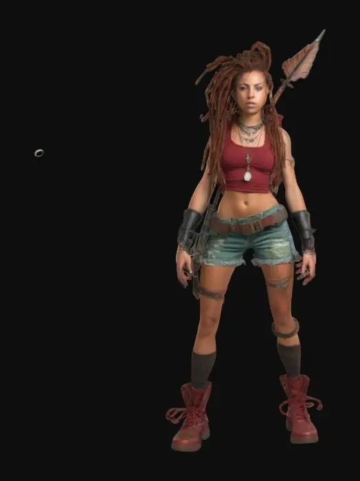 3D model for young, athletic, medium breasts, lightly tanned skin, dark red dyed shoulder length dreadlocks, green eyes, crop top, denim cutoff shorts, combat boots, bohemian style jewelry. has a jetpack and a spear.