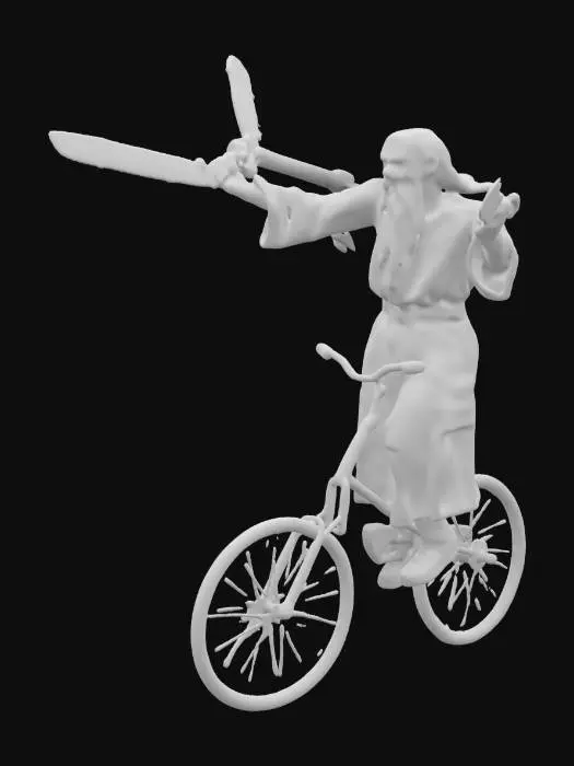 3D model for an old man, gandalf in appearance, juggling 3 chainsaws. he is in his grey robe, with his signature long white beard. he is looking upwards at the chainsaws that are flying through the air as he tosses them. he is also riding a unicycle
