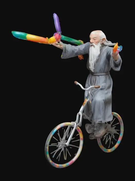 3D model for an old man, gandalf in appearance, juggling 3 chainsaws. he is in his grey robe, with his signature long white beard. he is looking upwards at the chainsaws that are flying through the air as he tosses them. he is also riding a unicycle