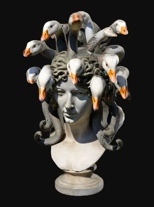 3D model for Bust of medusa, but with several long-necked geese heads for hair. "Megoosa"