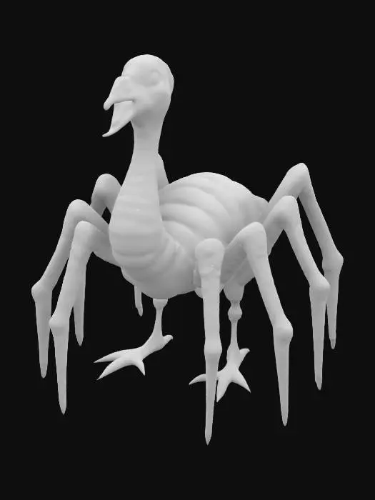3D model for an 8-legged goose, a spider-goose, 2 section body of a massive spider, covered in white feathers, 8 long spider legs with 8 orange webbed feet, long next with a waterfowl head, screaming, scary